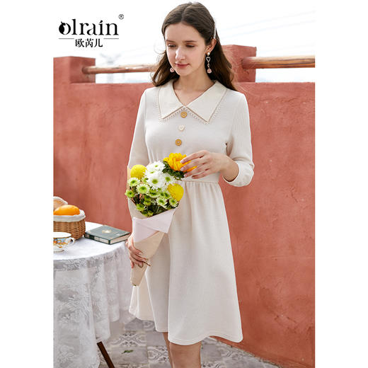 欧芮儿春新款娃娃领七分袖收腰连衣裙女 商品图0