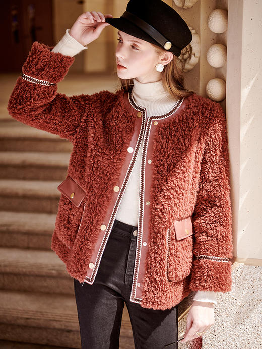 欧芮儿羊剪绒短外套女冬季新款休闲砖红色小香风洋气保暖外套 商品图0