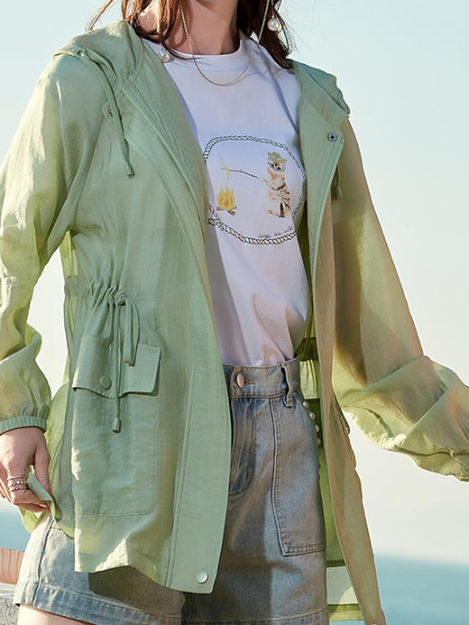 欧芮儿新款长袖连帽外套女绿色防晒衫宽松显瘦百搭上衣 商品图3
