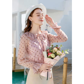 欧芮儿夏新款娃娃领长袖波点雪纺衫女宽松蕾丝打底衫上衣