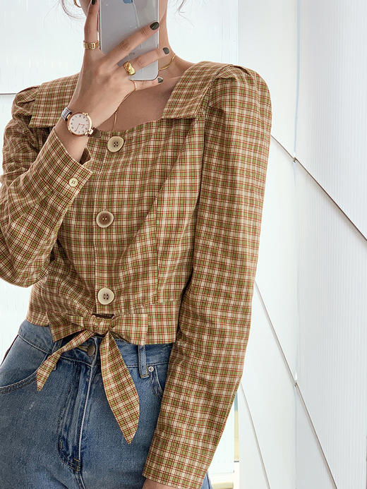 欧芮儿方领格子衬衫女早新品气质淑女长袖蝴蝶结短款上衣 商品图3