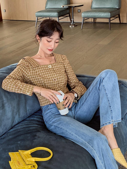 欧芮儿方领格子衬衫女早新品气质淑女长袖蝴蝶结短款上衣 商品图1