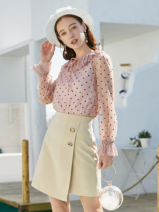 欧芮儿夏新款娃娃领长袖波点雪纺衫女宽松蕾丝打底衫上衣 商品图2