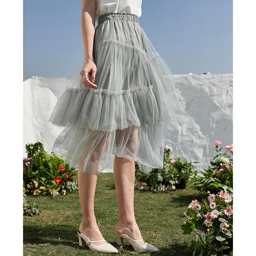 欧芮儿年夏新款高腰显瘦网纱半身裙女百搭中长款A字蛋糕裙 商品图2