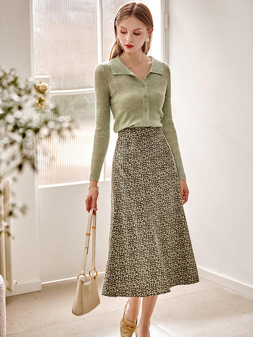 欧芮儿雪纺碎花半身裙女春季新款高腰显瘦年轻时髦优雅绿色鱼尾裙 商品图0