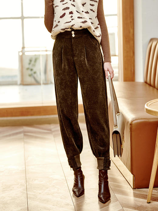 欧芮儿休闲裤女款秋冬高腰显瘦宽松时尚气质优雅收脚口条绒裤 商品图2