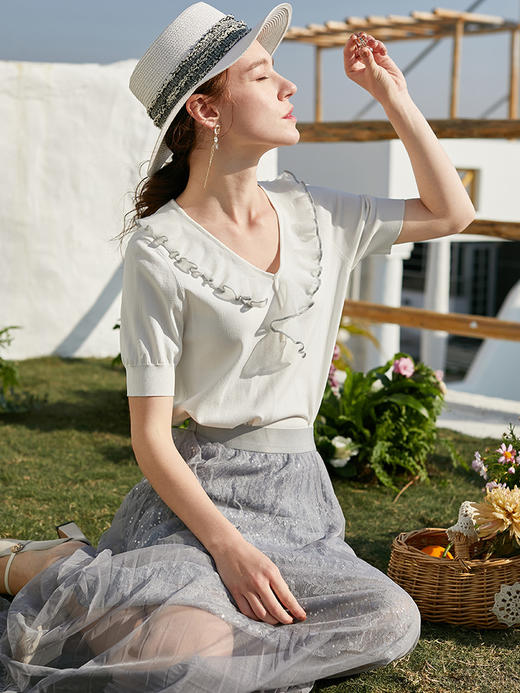 欧芮儿夏新款短袖针织衫女T恤打底衫荷叶边白色V领上衣薄款 商品图2