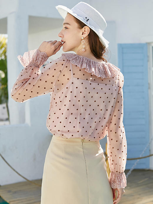 欧芮儿夏新款娃娃领长袖波点雪纺衫女宽松蕾丝打底衫上衣 商品图1