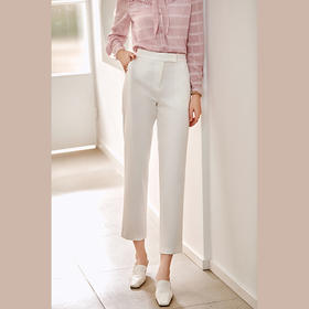 欧芮儿白色休闲裤女春季新款高腰显瘦简洁时髦通勤职场直筒烟管裤