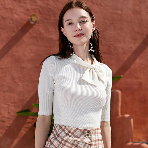 欧芮儿新款蝴蝶结领短袖紧身打底针织衫女内搭修身毛衣 商品图0