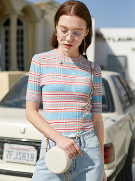 欧芮儿新款圆领短袖条纹毛针织衫女内搭打底上衣薄款