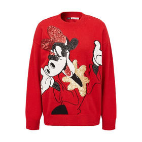 ME&CITY
直身略宽松版迪士尼IP牛形象提花平整嵌花工艺亮片刺绣工艺毛衫