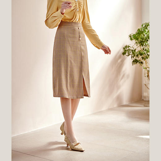 欧芮儿黄色格纹半身裙女春季新款高腰气质时髦优雅通勤职场铅笔裙 商品图2