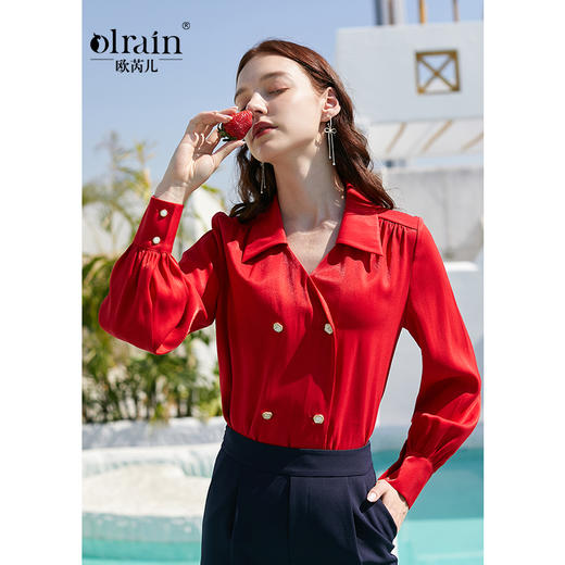 欧芮儿春新款双排扣红色衬衫 商品图0