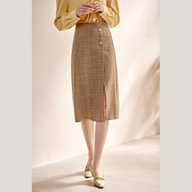 欧芮儿黄色格纹半身裙女春季新款高腰气质时髦优雅通勤职场铅笔裙