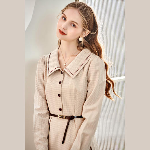 欧芮儿刺绣翻领连衣裙女春季新款收腰显瘦复古优雅气质法式潮ing 商品图1