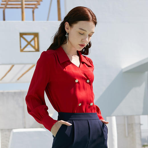 欧芮儿春新款双排扣红色衬衫 商品图2