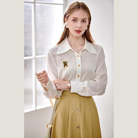 欧芮儿翻领长袖衬衫女春季新款时髦知性简约刺绣优雅俏皮减龄上衣