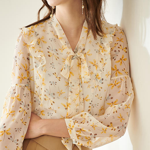 欧芮儿新款长袖雪纺衫花色系带衬衫气质时尚上衣女 商品图2