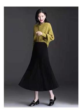 三竖条毛线裙高腰大摆A字摆针织半身裙秋冬毛线裙