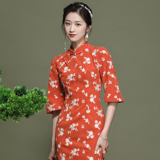 国潮中国风，复古灯芯绒刺绣旗袍连衣裙OY-21019 商品图0