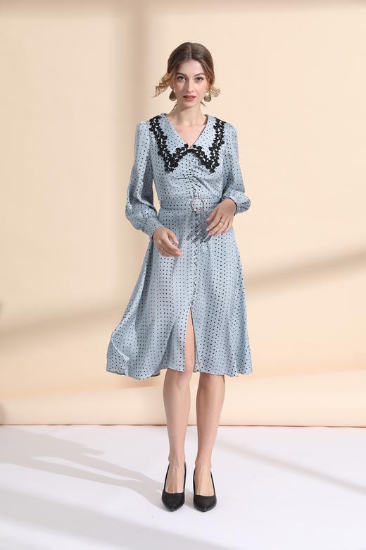 开叉摆复古领泡泡袖连衣裙（附腰带） 商品图2