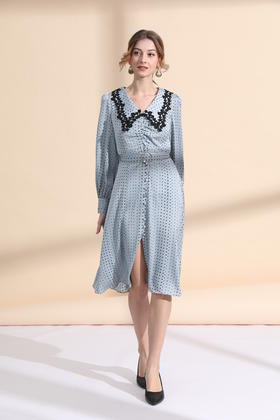 开叉摆复古领泡泡袖连衣裙（附腰带）