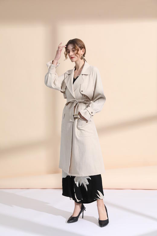 落肩袖垂坠风衣（附腰带） 商品图1