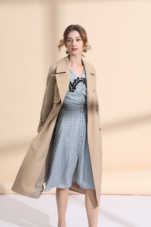 后背交叉西装领直筒风衣（附腰带） 商品图1