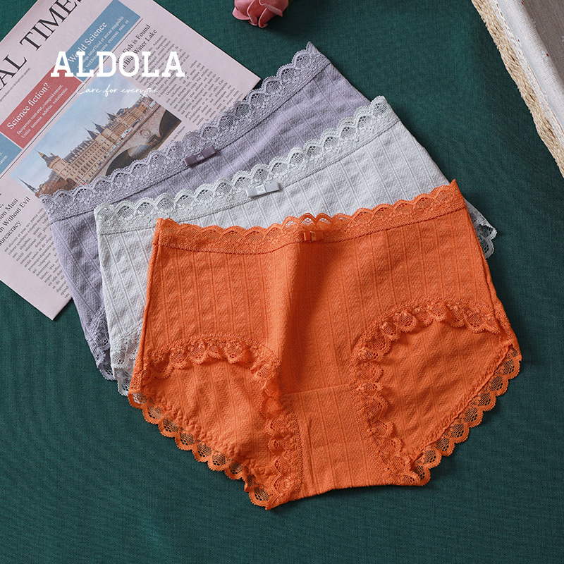 雅黛丽女士内裤中腰平角裤纯棉底裆透气舒适性感蕾丝边3条装底裤