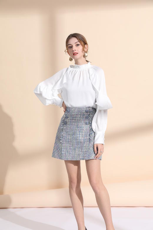 松紧小立领荷叶袖上衣 商品图0