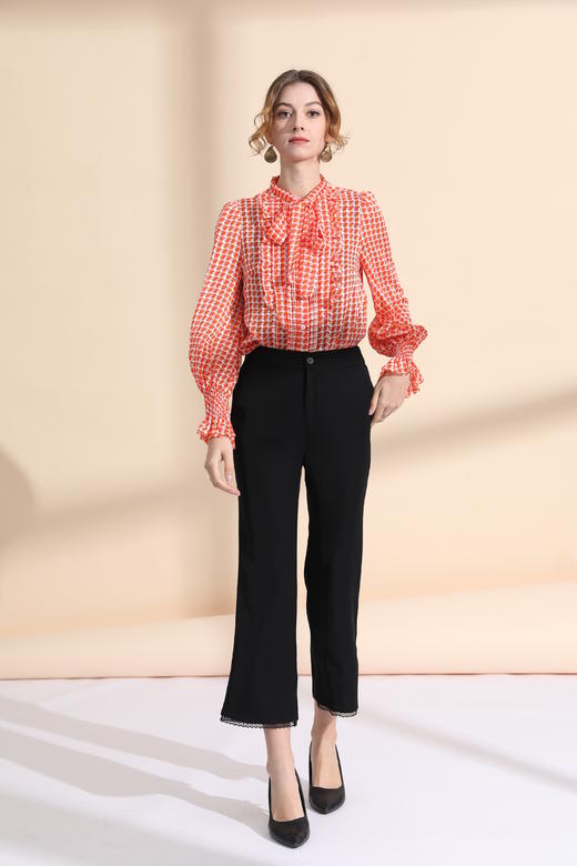 领飘带门襟压褶木耳边衬衣 商品图1