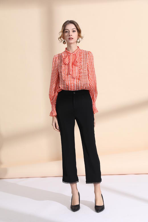 领飘带门襟压褶木耳边衬衣 商品图4