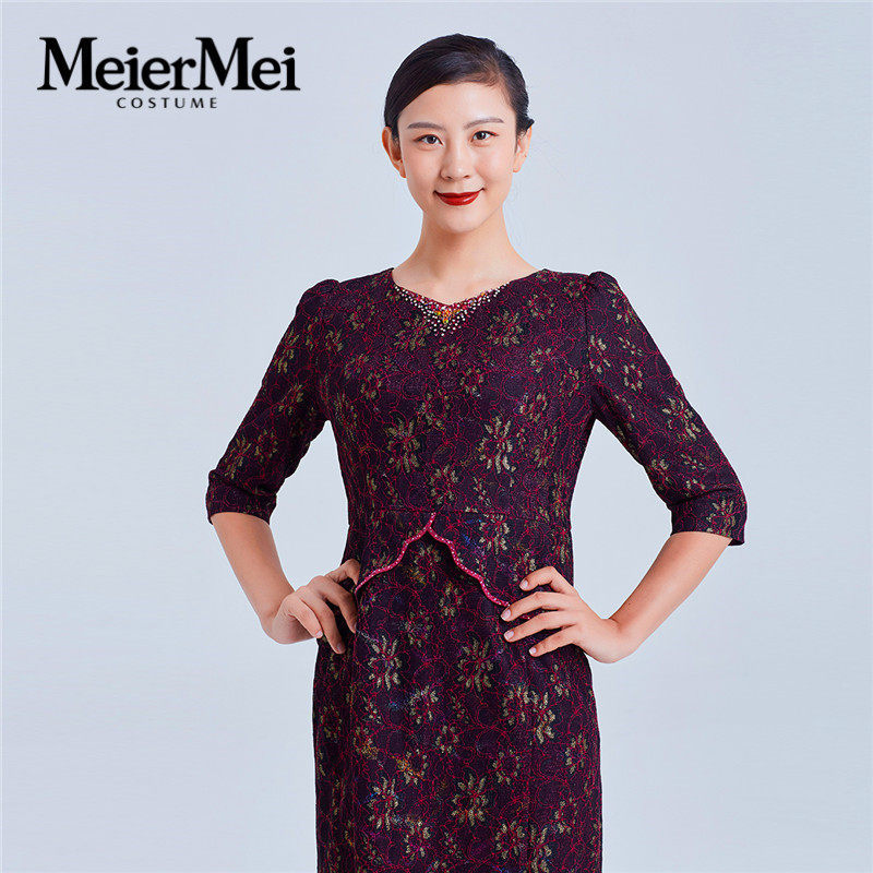 玫而美女装专柜时尚蕾丝气质假两件套连衣裙