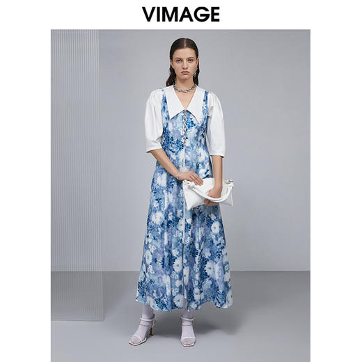 VIMAGE纬漫纪个性印花优雅百搭修身五分袖连衣裙长裙V1507173 商品图2