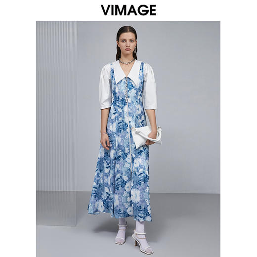 VIMAGE纬漫纪个性印花优雅百搭修身五分袖连衣裙长裙V1507173 商品图0
