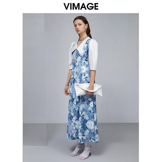VIMAGE纬漫纪个性印花优雅百搭修身五分袖连衣裙长裙V1507173 商品图1