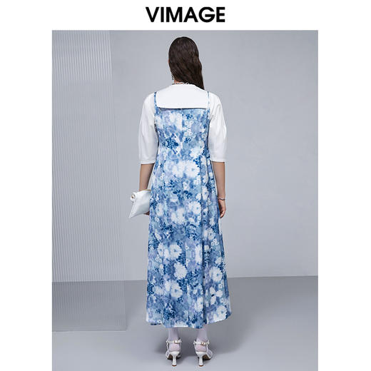 VIMAGE纬漫纪个性印花优雅百搭修身五分袖连衣裙长裙V1507173 商品图3
