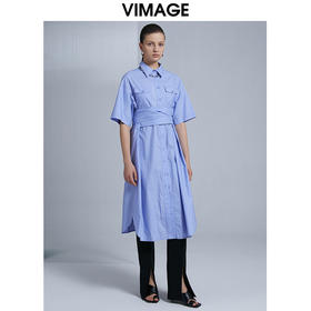 VIMAGE纬漫纪夏季新款显瘦显高翻领收腰中长款衬衫裙V1507120连衣裙