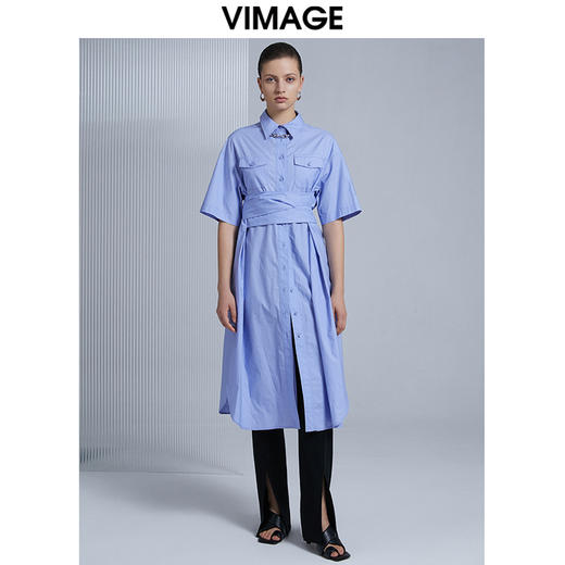 VIMAGE纬漫纪夏季新款显瘦显高翻领收腰中长款衬衫裙V1507120连衣裙 商品图3