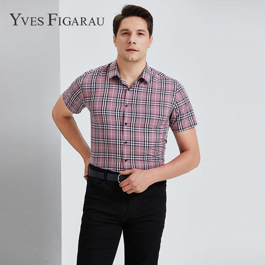 YvesFigarau伊夫·费嘉罗夏季新款商务休闲格纹舒适透气短袖衬衫912465 商品图0