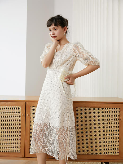 HeyDress蕾丝连衣裙女夏气质复古收腰显瘦长裙泡泡袖法式波点裙子 商品图4