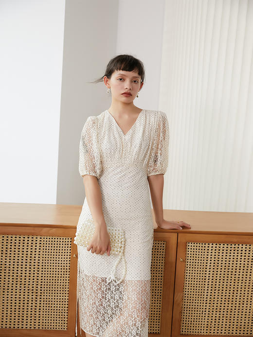 HeyDress蕾丝连衣裙女夏气质复古收腰显瘦长裙泡泡袖法式波点裙子 商品图2