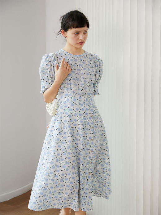 HeyDress法式复古碎花裙连衣裙女夏季新款收腰显瘦长裙木耳边薄款纯棉裙子 商品图0