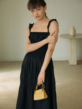 HeyDress吊带裙小黑裙礼服裙女夏季设计感褶皱连衣裙收腰法式长裙吊带裙子