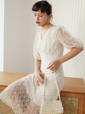 HeyDress蕾丝连衣裙女夏气质复古收腰显瘦长裙泡泡袖法式波点裙子