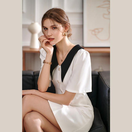 欧芮儿白色连衣裙2021新夏收腰显瘦时尚娃娃领撞色设计感优雅短裙 商品图1