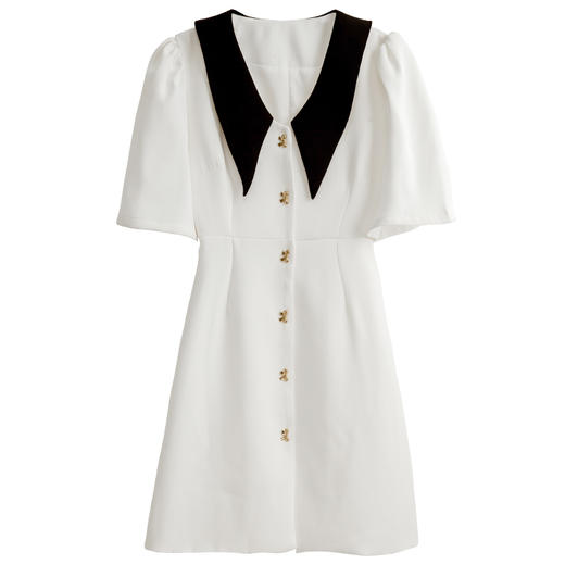 欧芮儿白色连衣裙2021新夏收腰显瘦时尚娃娃领撞色设计感优雅短裙 商品图3