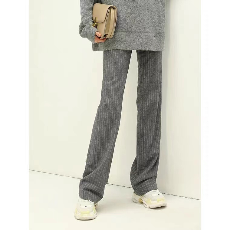 COCOBELLA双面色织竖条纹保暖羊毛休闲裤职业通勤宽松直筒裤PT568