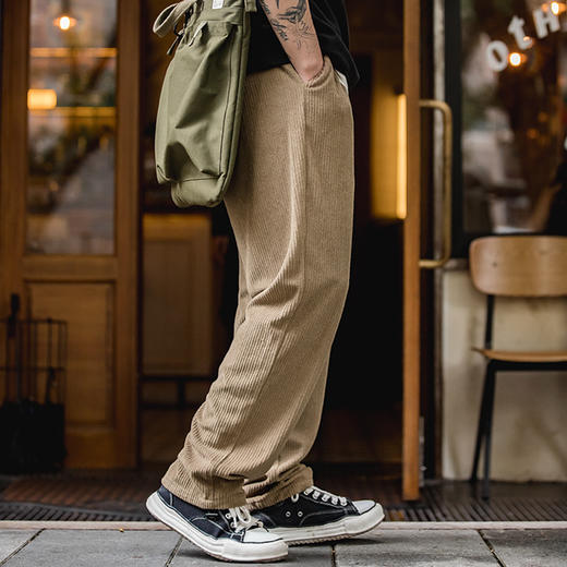 马登工装日系复古针织深灰松紧腰抽绳卫裤条绒直筒阔腿长裤子男秋 商品图4